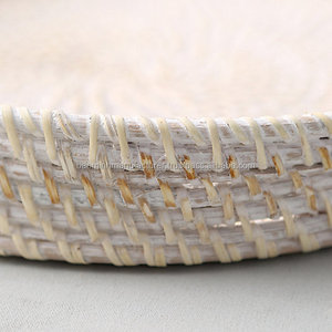 <b>White</b> Washed Color Rattan Round Tray with Handle, Crafted in Vietnam - Product Image 4