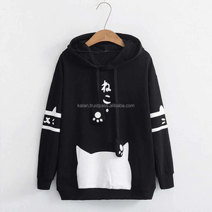 KFHW09 Sweat à capuche style chat de haute qualité pour femmes, 100% coton, impression en soie noire avec capuche pour l'hiver - Product Image 2