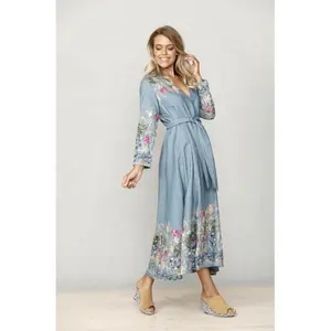 New Selling Frauen Kleid Tunika Relaxed Fit Neue Stickerei Mit Langer V-Ausschnitt Taille Gürtel Krawatte Frauen Mexikanische Tunika