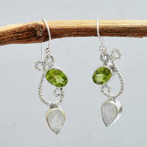 Vintage Design 925 Sterling Silver Moonstone <b>Peridot</b> Gemstone Pear Cut Shape Fashion Dangle <b>Earrings</b> Wholesale Manufacture - Product Image 4