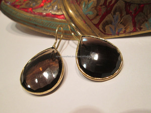 925 <b>sterling</b> <b>silver</b> Smokey Quartz Gemstone Handmade bezel gold vermeil earrings - Product Image 2