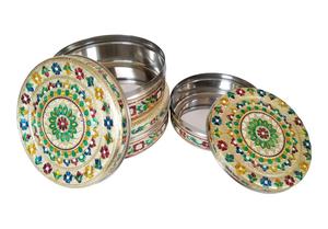 CONTENEDOR DECORATIVO MEENAKARI DE ACERO INOXIDABLE DISEÑADO CON FLOR MEDIANO CON TAPA-GOLDEN MEENA (7,5 "X 7,5" X 2,5 "PULGADAS) - Product Image 2