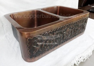 Évier de cuisine à un bol en cuivre antique avec robinet de tablier avant en relief pour cuisines indiennes Style double boîte avec un trou - Product Image 4