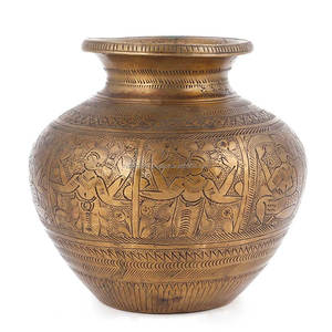 Pooja Kalash tallada con Dios para ceremonias, olla de agua de latón dorado de alta calidad, hecha a mano, tradicional, 12x12 cm, SBF-484 - Product Image 2