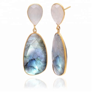 Plata de Ley 925 hecha a mano Natural labradorita orgánica piedra preciosa 18K chapado en oro Vintage antiguo minimalista pendientes para mujer - Product Image 2