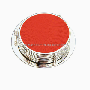 Cast Aluminum <b>Silver</b> Plated Red Enameled Contemporary Eco-Friendly Round <b>Coasters</b> Set of 6 by Chaman India - Product Image 1