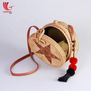 Sac à main en rotin rond écologique petit style vintage avec motif étoile et doublure en coton pompon Vente en gros du Vietnam - Product Image 4