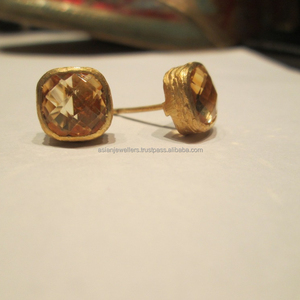 Pendientes de tuerca hechos a mano de piedras preciosas de cuarzo citrino de Plata de Ley 925 para regalo de fiesta de boda de compromiso - Product Image 1