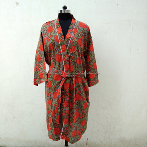 Wholesale Cotton Block Printing Fabric Kimono With Belt <b>Tie</b> Waist, Pockets & Bathrobe Sleepwear Lounger Wear Women Clothing - Product Image 1