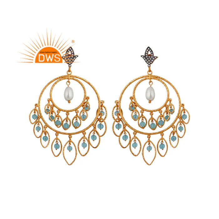 Wholesale 925 Silver Gold Plated Blue Topaz CZ Womens Party Wear Chandelier Earrings SIlver Jewelry Supplier