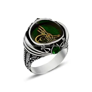 Anillo de Plata de Ley 925 con esmalte verde para hombre, joyería Vintage con diseño antiguo, Color plateado - Product Image 1