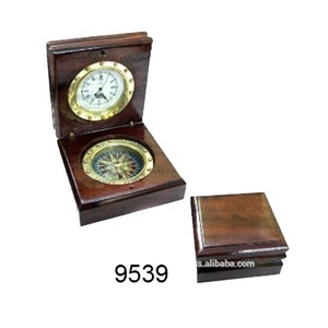 Brass Nautical <b>Compass</b> With Clock in Wooden Box Brass Pocket <b>Compass</b> Indian Manufacturer and Exporters - Product Image 1