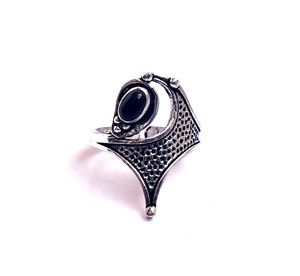 Women's <b>Adjustable</b> Bohemian Brass <b>Ring</b> with <b>Silver</b> Stone and Black Onyx Gemstone Bezel Setting for Anniversary - Product Image 1