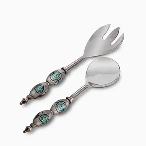 Servidor de ensalada de acero inoxidable brillante con mango de cuentas Cubiertos de metal Vajilla con acabado brillante para bodas y escuelas - Product Image 1