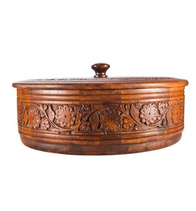 Olla Caliente de Madera con Incrustaciones de Latón, Cuencos de Cocina de Madera Hechos a Mano, Plato de Servir Tradicional de Madera para Chapati, Cubo Decorativo - Product Image 5