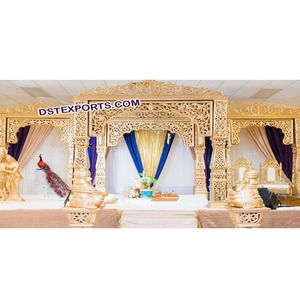 Maharani Mandap Golden Mughal Theme Mandap Fabricante Última boda Mandap Set Venta Trending Portable Wedding Stage Setup UK - Product Image 1