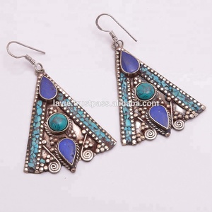 Pendientes de piedras preciosas de lapislázuli turquesa, zona en línea, hechos a mano, Plata tibetana - Product Image 1