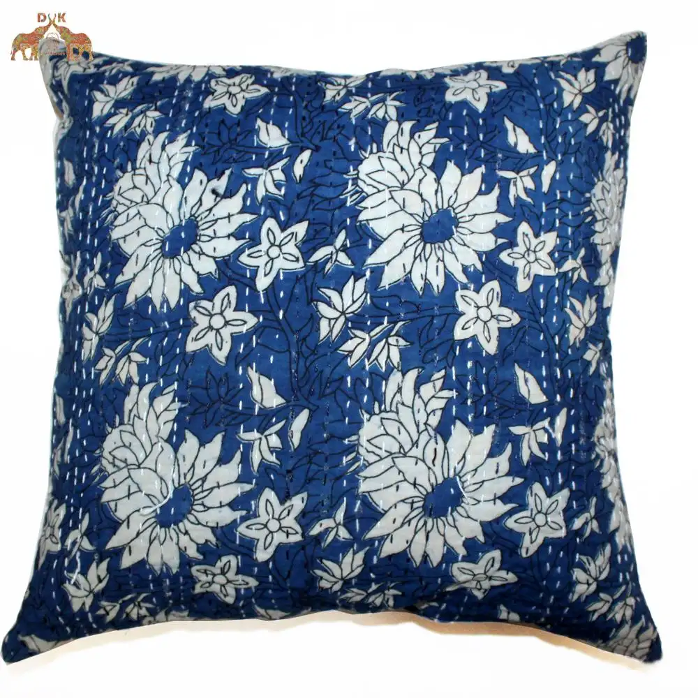 Kantha Cushion Cover Blue Zippered Pillow Case Sofa decor Floral Cushion Set Square Home Decor Pillow