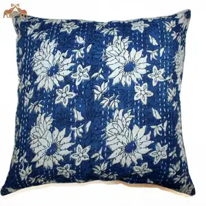 Синяя наволочка Kantha на молнии для дивана, Набор декоративных цветочных квадратных подушек для домашнего декора