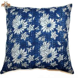 HandBlock Cotton Kantha Cushion Cover <b>Blue</b> Zippered <b>Pillow</b> <b>Case</b> Sofa Decor Floral Cushion Set Square Home Decor <b>Pillow</b> - Product Image 1