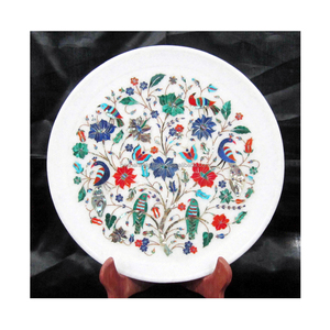 Belle assiette ronde en marbre blanc incrusté de fleurs, fabriquée à la main, de qualité supérieure, exportateur indien pour la décoration de la maison - Product Image 1