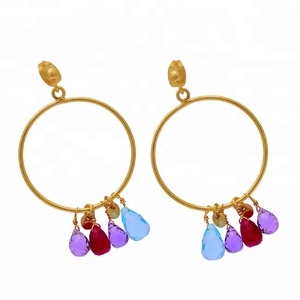 Solid 925 <b>Sterling</b> <b>Silver</b> Gold Plated Garnet Blue Quartz Gemstone <b>Hoop</b> Stud <b>Earrings</b> Handmade Jewelry For Women. - Product Image 2