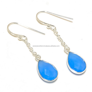925 sterling argent bleu calcédoine pierres précieuses boucles d'oreilles - Product Image 1