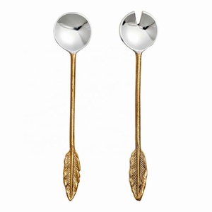 Juegos de mesa de comedor chapados en plata de diseño real, diseño de hoja de oro largo redondo, mango final, juego para servir ensalada, herramientas para frutas y verduras - Product Image 2