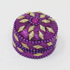 新款珠宝盒圆形紫色紫胶金色串珠手工工艺贾普里珠宝盒现货