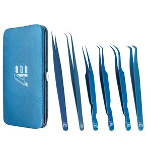 Ensemble de 6 pinces à extensions de cils en acier inoxydable japonais dans un kit magnétique (revêtement en titane bleu) - Product Image 1