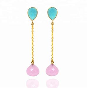 Preciosos Pendientes de Aro Hechos a Mano en Plata de Ley 925 Chapados en Oro con Gemas de Calcedonia Aqua y Rosa, Regalo Clásico para Mujer - Product Image 1