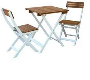 Set of Square Table and Folding Chairs, slats in Oil finish, white painted on legs