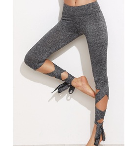 Shemax <b>Cropped</b> Tie <b>Leggings</b> in Grey Marled Knitted Fabric Breathable Mid Waist Design - Product Image 2