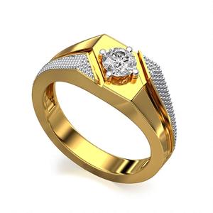 Anillo de boda de oro amarillo con diamantes para hombre, anillo de novio de lujo asequible |   Solitario de Corte Redondo con Piedras Laterales, Diseño en Oro de 14K - Product Image 1