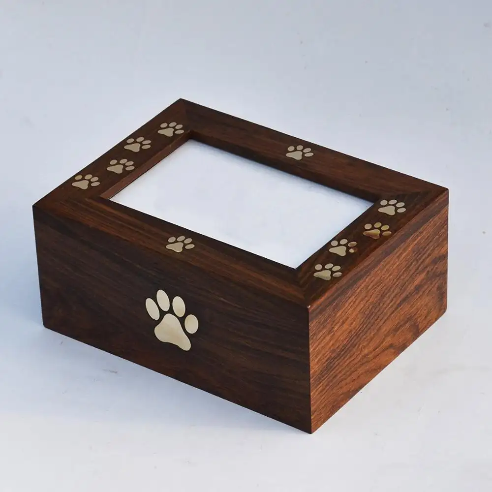 Superfine and Luxurious Quality Wood pet urns for ashes with photo frame and paws inlay design ashes urns for burial services