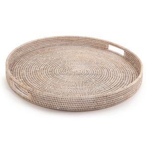 Bandeja Redonda de Ratán Blanco Ecológica para Servir Alimentos, Bandeja de Madera para Servir Té con Asa, Venta al por Mayor - Product Image 1