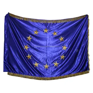 Kustom EU, Uni Eropa 100X150 Cm Buatan Tangan Bullion Bordir Tiang Bendera Spanduk dengan Pinggiran Emas