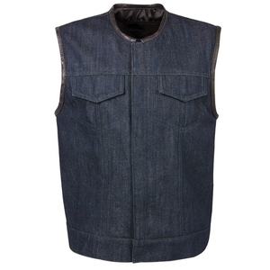 Nouveau gilet de motard en denim pour homme avec garniture en cuir véritable, logo personnalisé, taille plus, saison printemps - Product Image 5