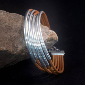 <b>Leather</b> Long Silver Tube Bangle <b>Bracelet</b> - 5 strand Boho <b>Leather</b> Cuff Bangle - Stack <b>Bracelet</b> - Product Image 1