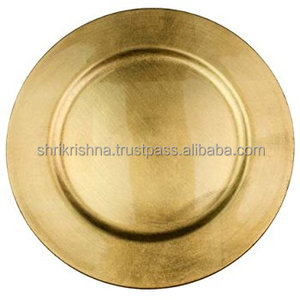 Placas de cargador de plástico redondas de acero inoxidable Juego de grupo de esquí dorado para uso en bodas y restaurantes con soporte de acero - Product Image 1