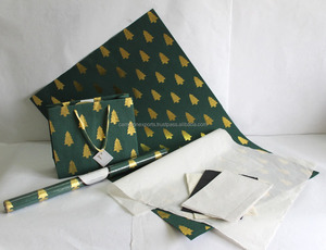 Papier de coton recyclé fait à la main avec feuille de papier imprimé d'arbre doré de couleur verte - Product Image 3