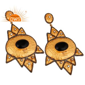 <b>Black</b> Onyx Gemstone Gold Plated Silver Vintage Designer <b>Dangle</b> <b>Earrings</b> Handmade Jewelry Supplier - Product Image 2