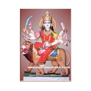 Diosa Durga Maa Idol, diosa de mármol blanco indio, colorido Murti sonriente sentado en el león, PARA ADORACIÓN decorativa con la mano - Product Image 1