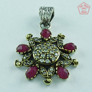 Venta al por mayor 925 colgante turco de plata esterlina con rubí y CZ oro y piedras preciosas perlas colgantes joyería de la India - Product Image 1