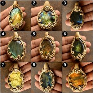 Collier avec pendentif en labradorite naturelle en gros, pierre précieuse en argile polymère feu doré pour les mariages, formes variées, pendentif bohème - Product Image 4