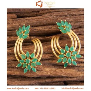 Gold Plated Cz Stud Chand <b>Earring</b> 58353 <b>Green</b> - Product Image 2