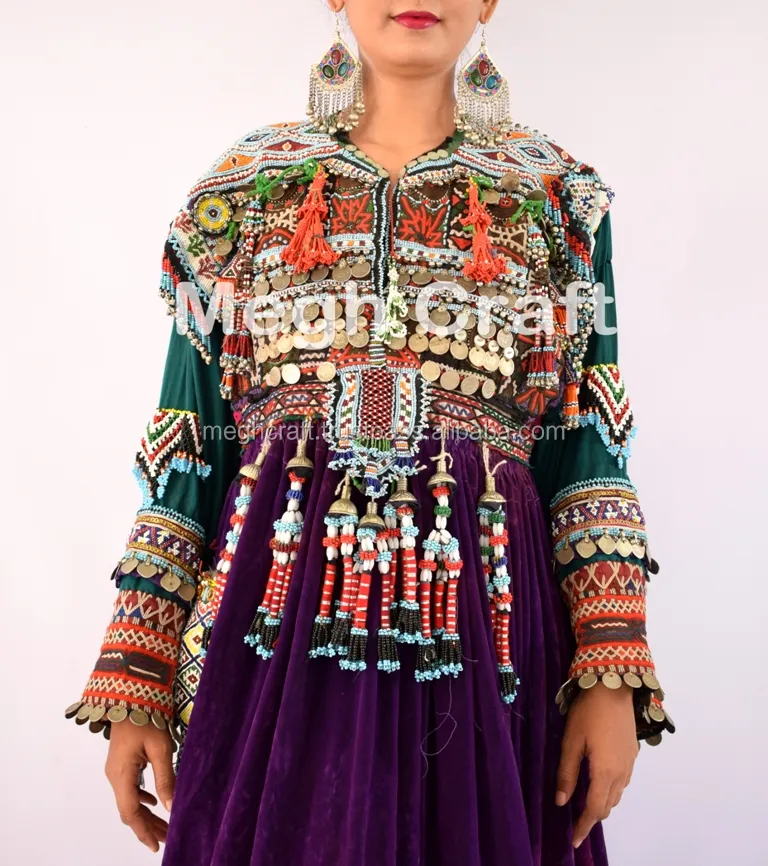 Afgan geleneksel oryantal dans kostümü elbise-tribal el yapımı Kuchi elbise afganistan Kuchi etnik mor Tribal elbise