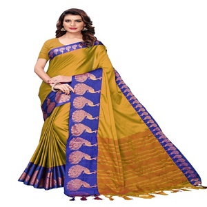 Saree en soie de coton de mode auto-conçu (moutarde) ApparelGarment - Product Image 1
