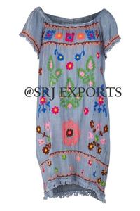 La mayoría de las ventas al por mayor precio de fábrica de verano de lujo de algodón fuera del hombro bordado alto-bajo con flecos dobladillo mujeres Vestido corto túnica - Product Image 2