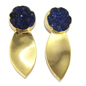 Richy colección natural azul azúcar druzy piedras preciosas pendiente de gota hoja diseñador latón 24K chapado en oro bohemio mujeres pendiente - Product Image 1